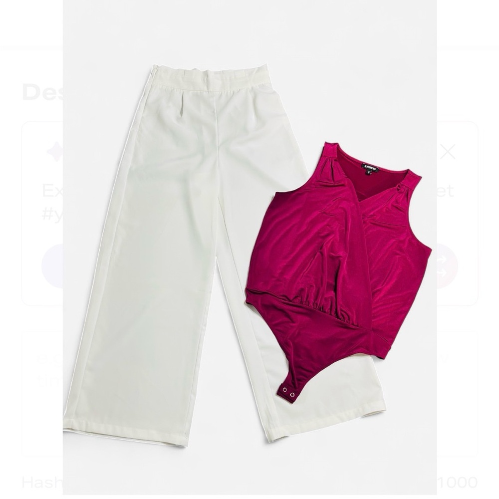 White Width Pants W/Side Zipp and Fuchsia Cross Bodysuit Set V Neck Sleeveless